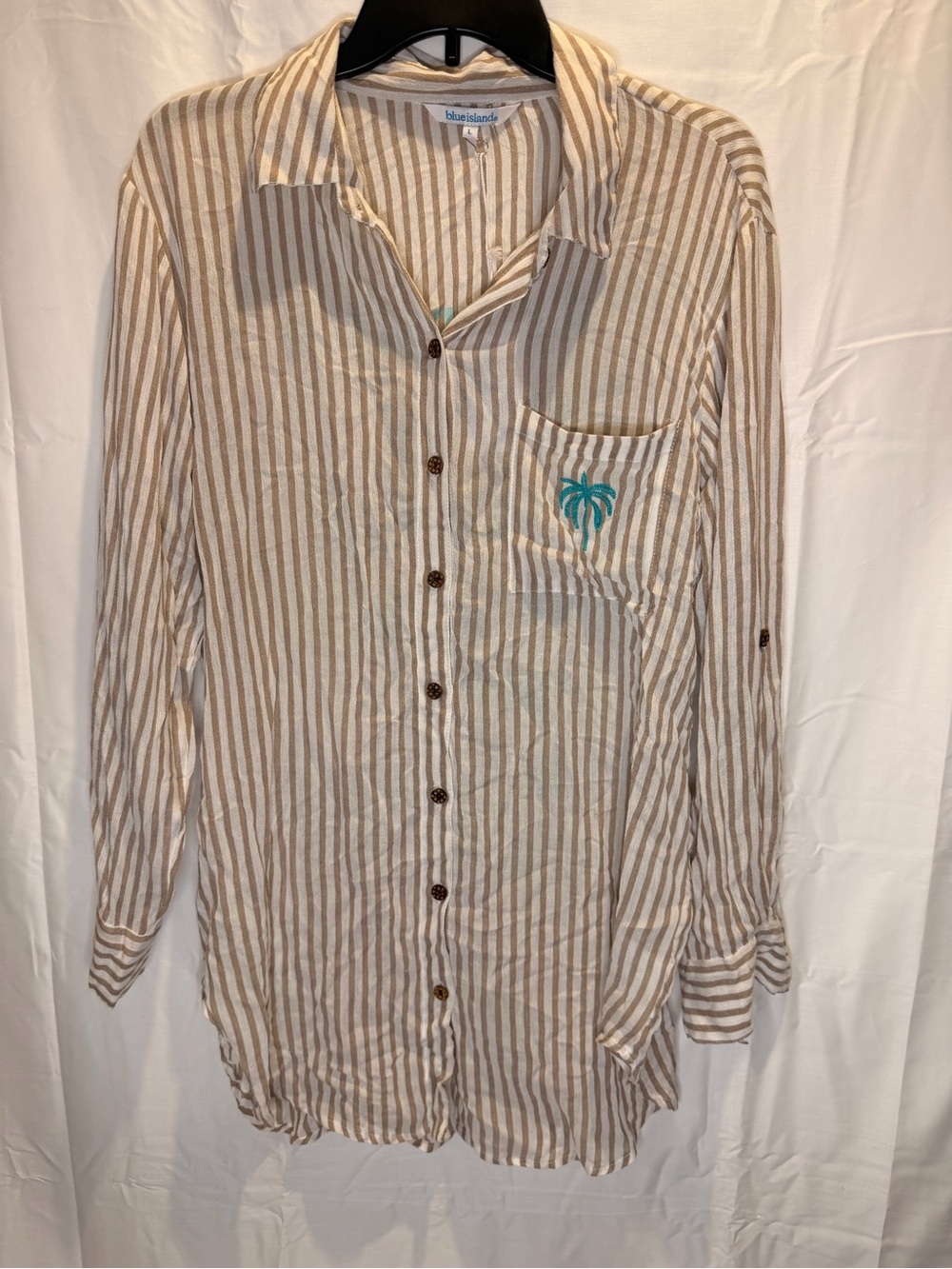 blue island Beige & White Striped Long-Sleeve Beach Coverup with Teal Palm